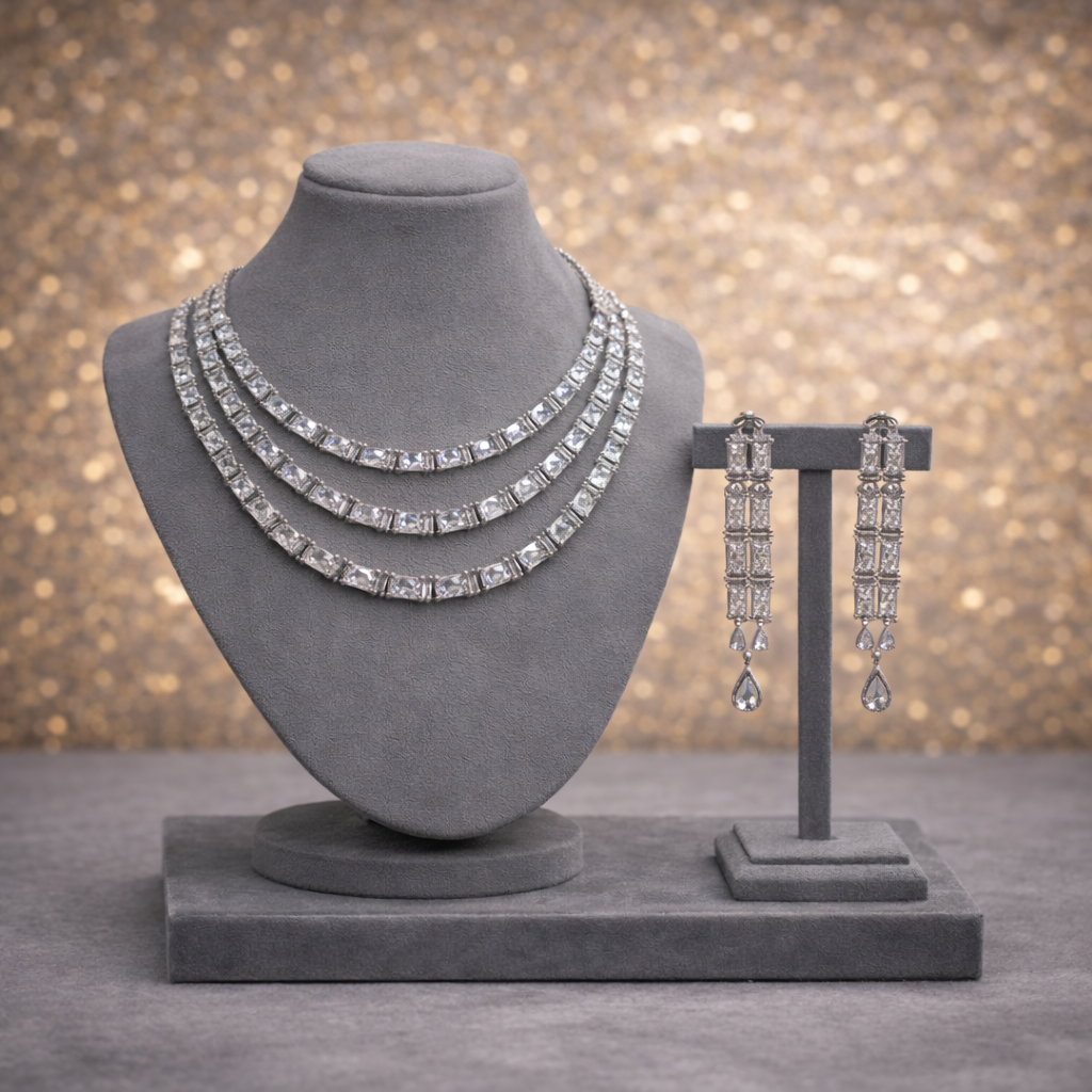 Triple-Layer Baguette Crystal Necklace & Drop Earring Set