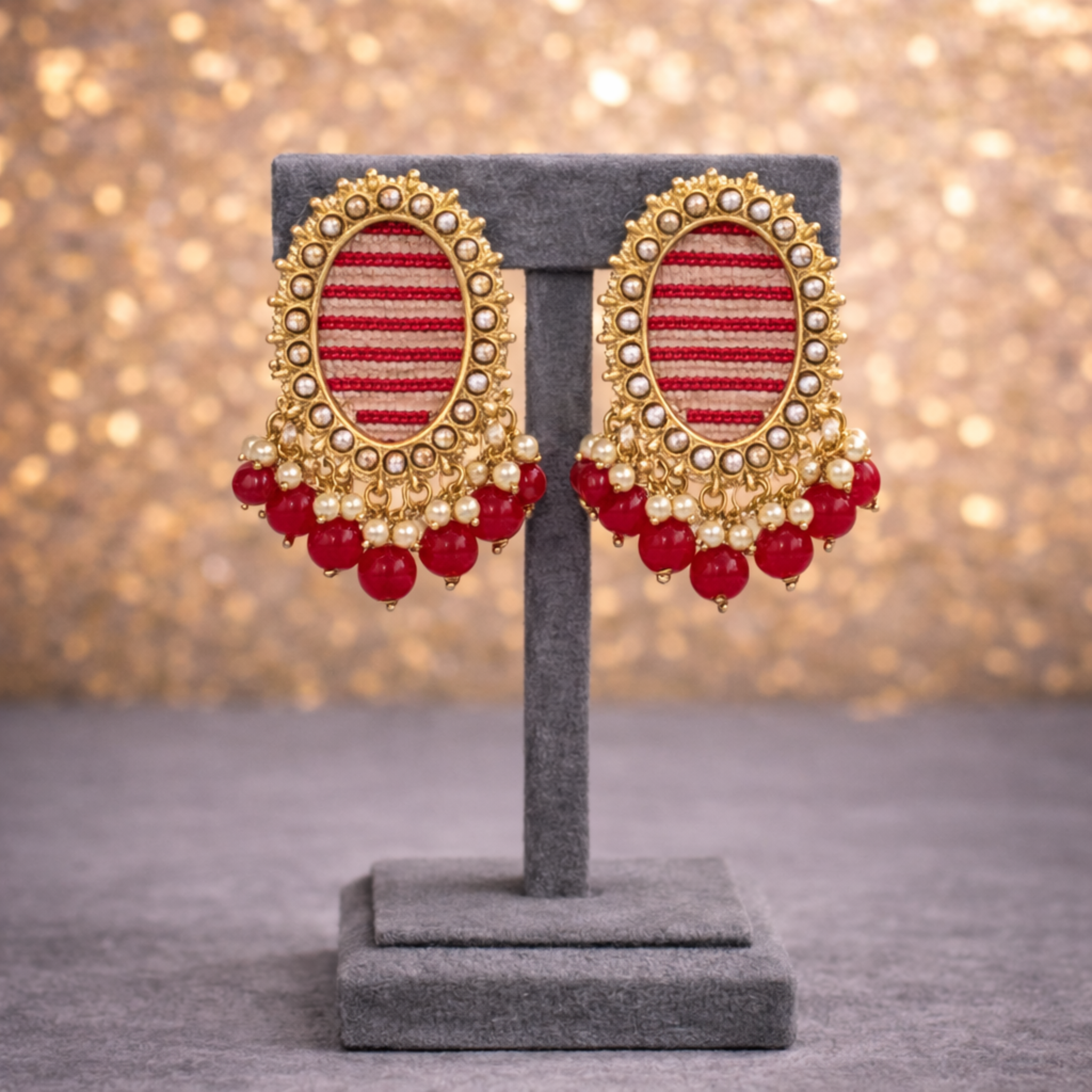 Magenta Pink Kundan Jhumka Drop Earrings with Pearl Tassels