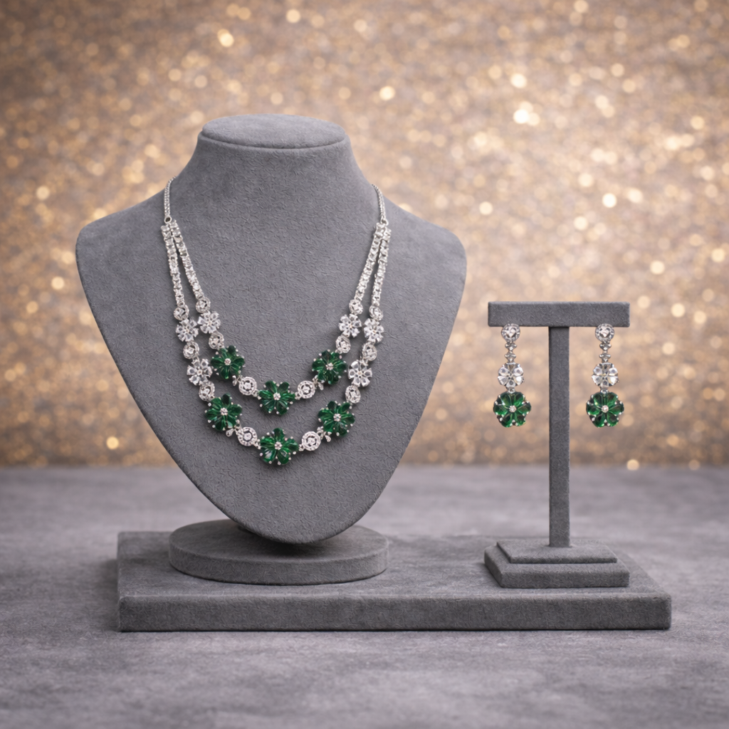 Emerald Blossom Silver Two-Tier Necklace & Drop Earring Set