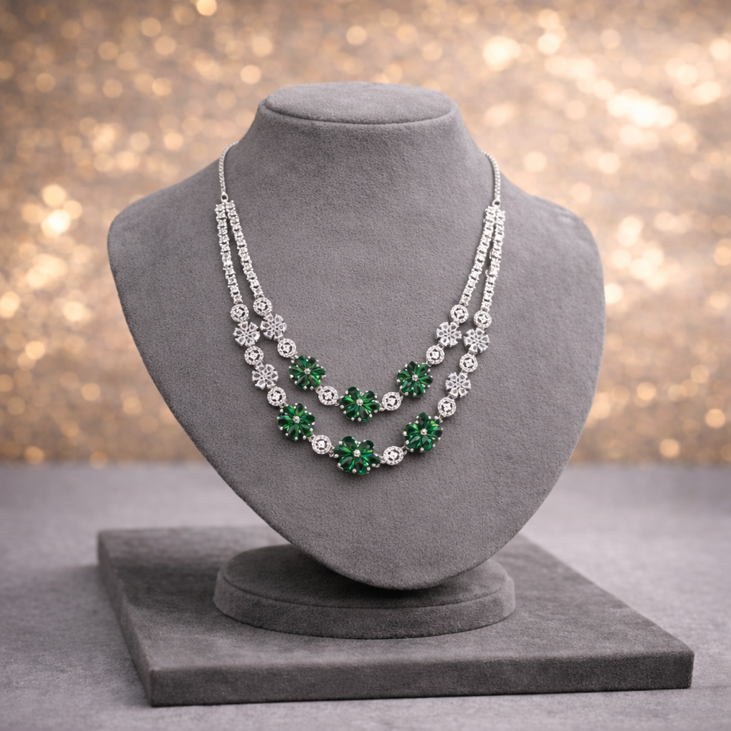 Emerald Blossom Silver Two-Tier Necklace & Drop Earring Set