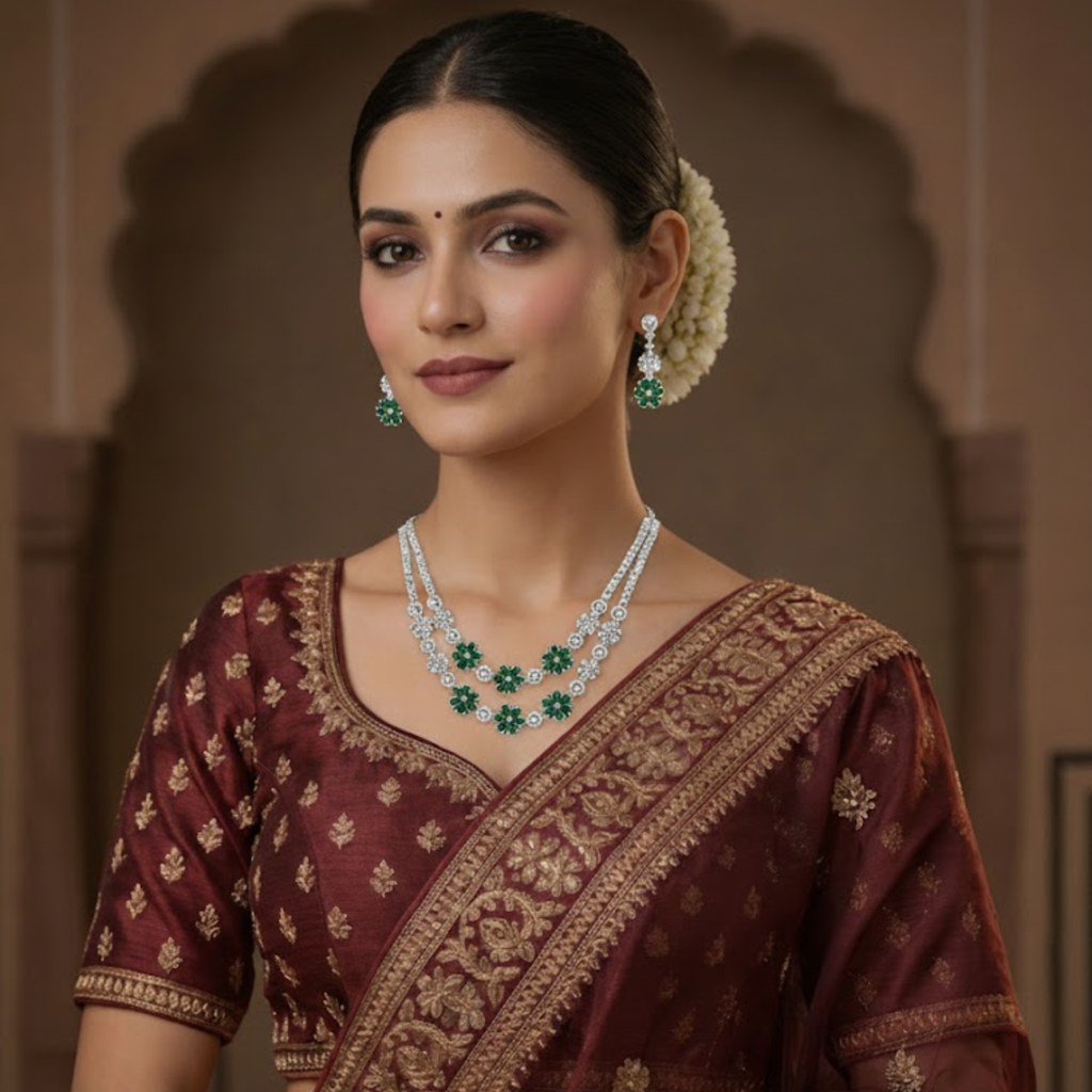 Emerald Blossom Silver Two-Tier Necklace & Drop Earring Set