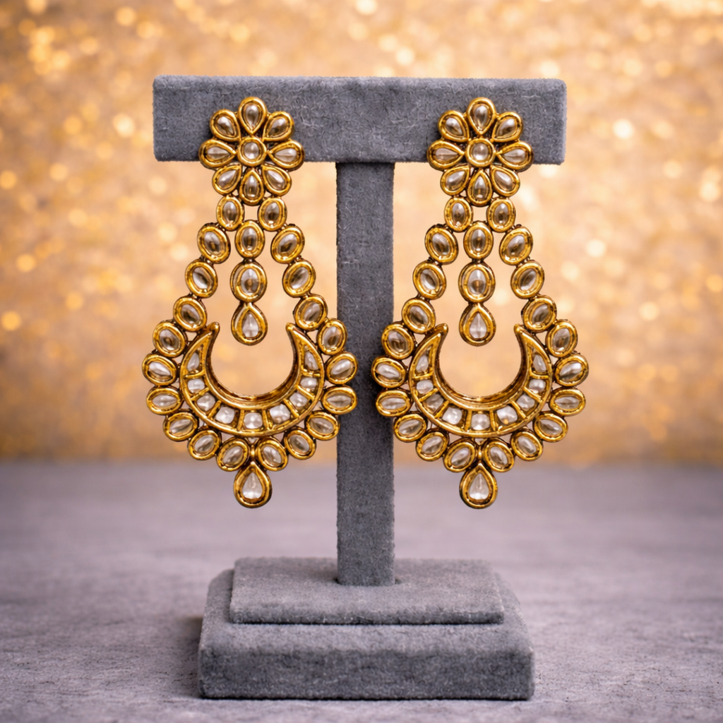 Classic Kundan Chandbali Earrings in Antique Gold Finish