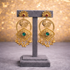 Royal Peacock Antique Gold Chandelier Earrings with Green Stone