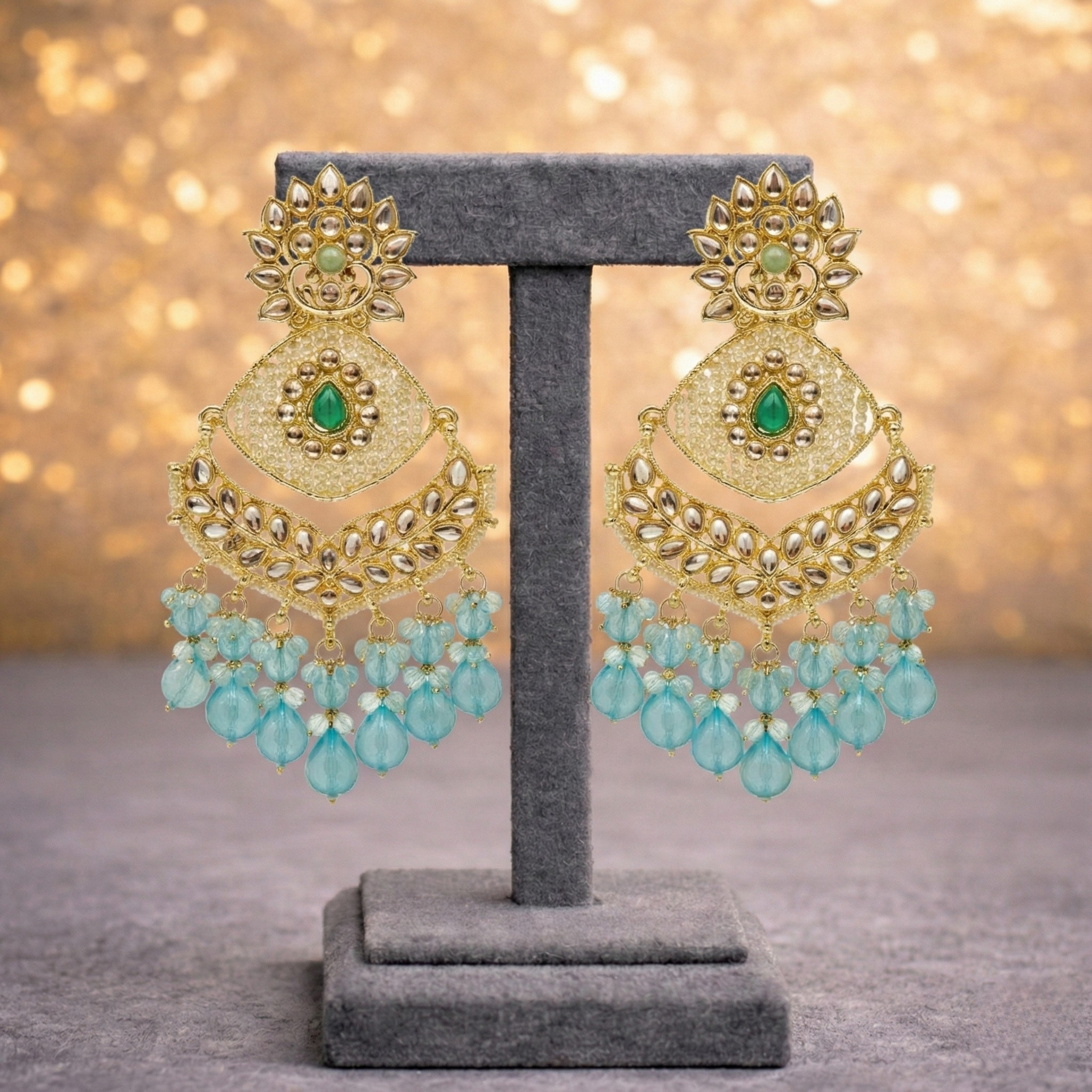 Teal Blue & Lavender Chandbali Earrings with Pearl Accents