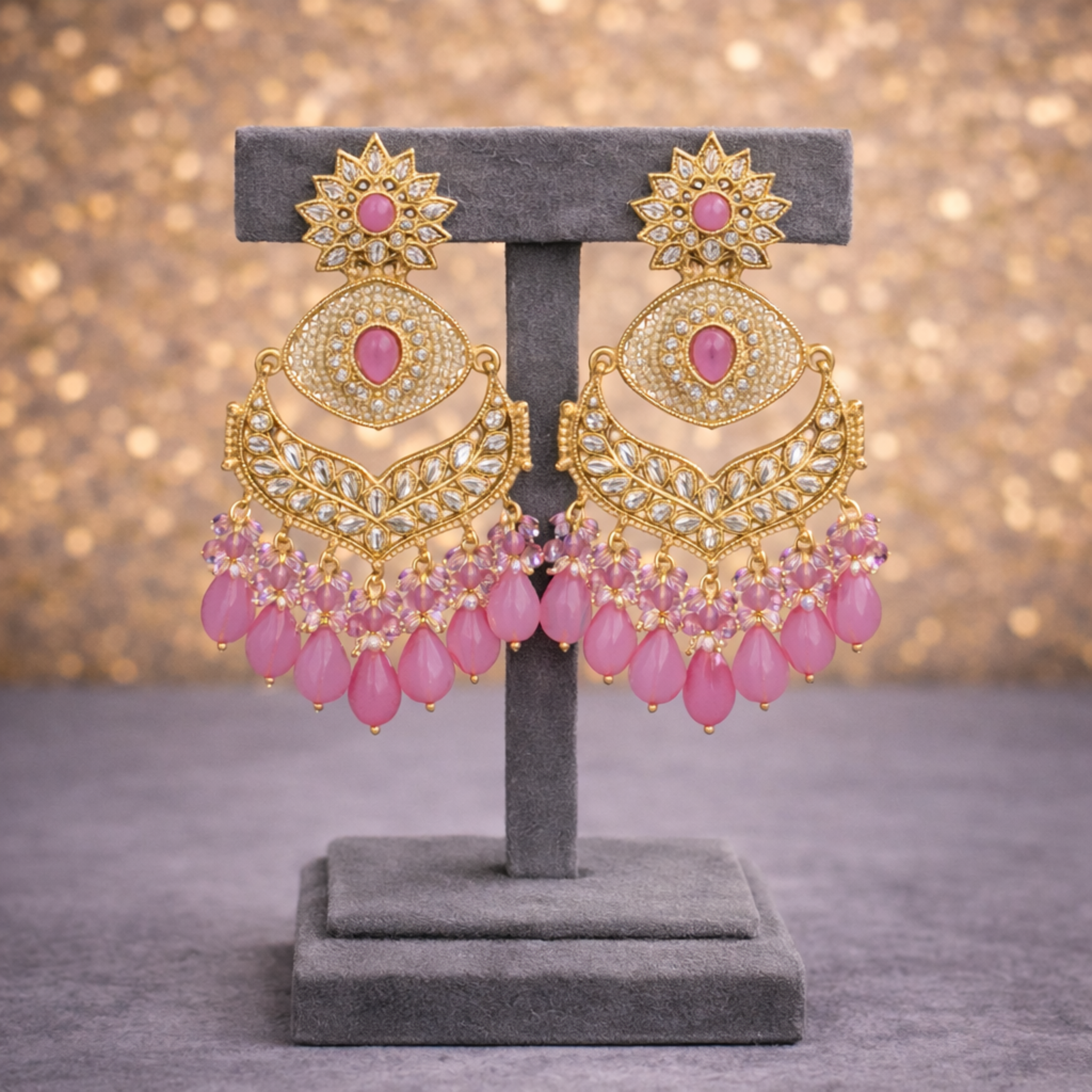 Teal Blue & Lavender Chandbali Earrings with Pearl Accents