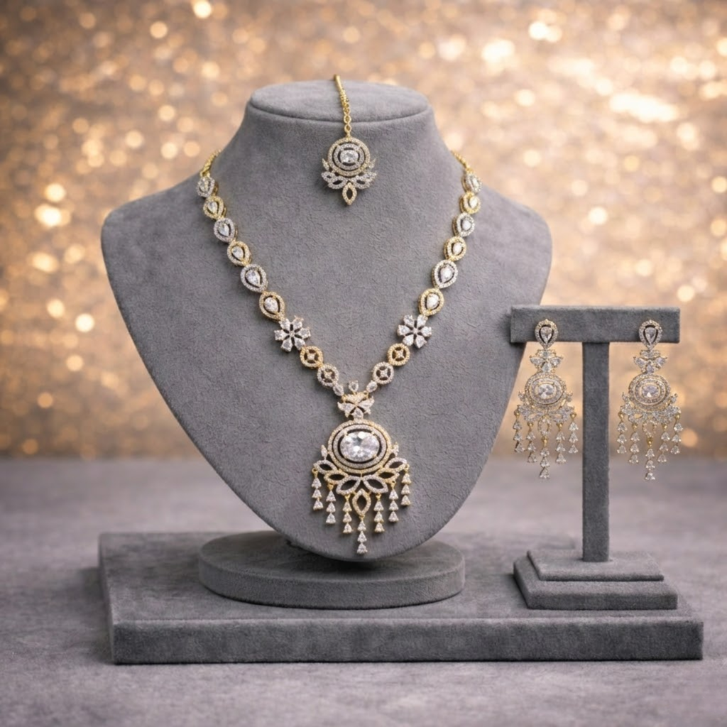 Royal Two-Tone CZ Bridal Jewelry Set with Maang Tikka