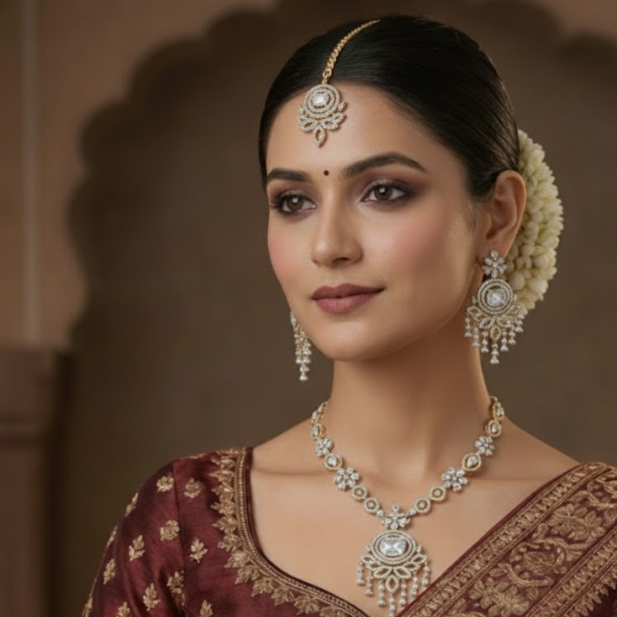 Royal Two-Tone CZ Bridal Jewelry Set with Maang Tikka