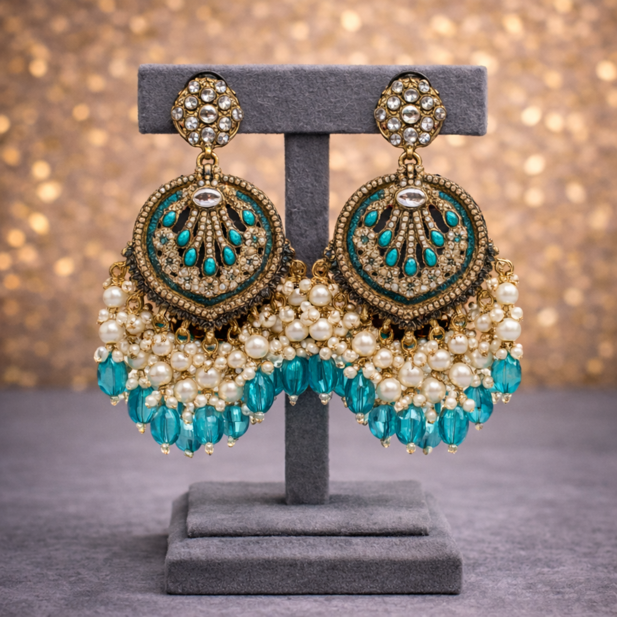 Teal & Ivory Kundan Chandbali Chandelier Earrings in Antique Gold Finish
