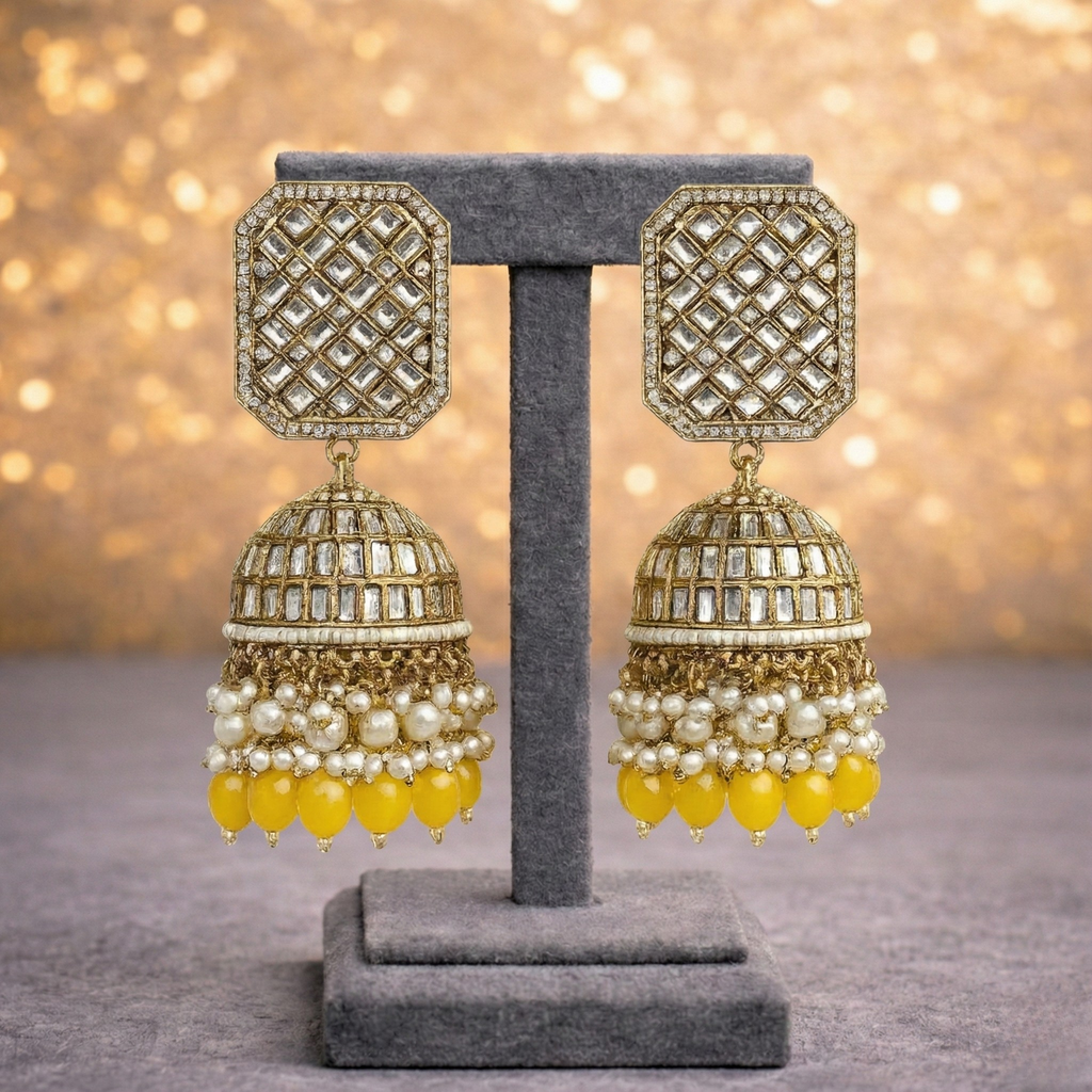 Geometric Jhumka Earrings with Crystal Work & Pearl Fringe