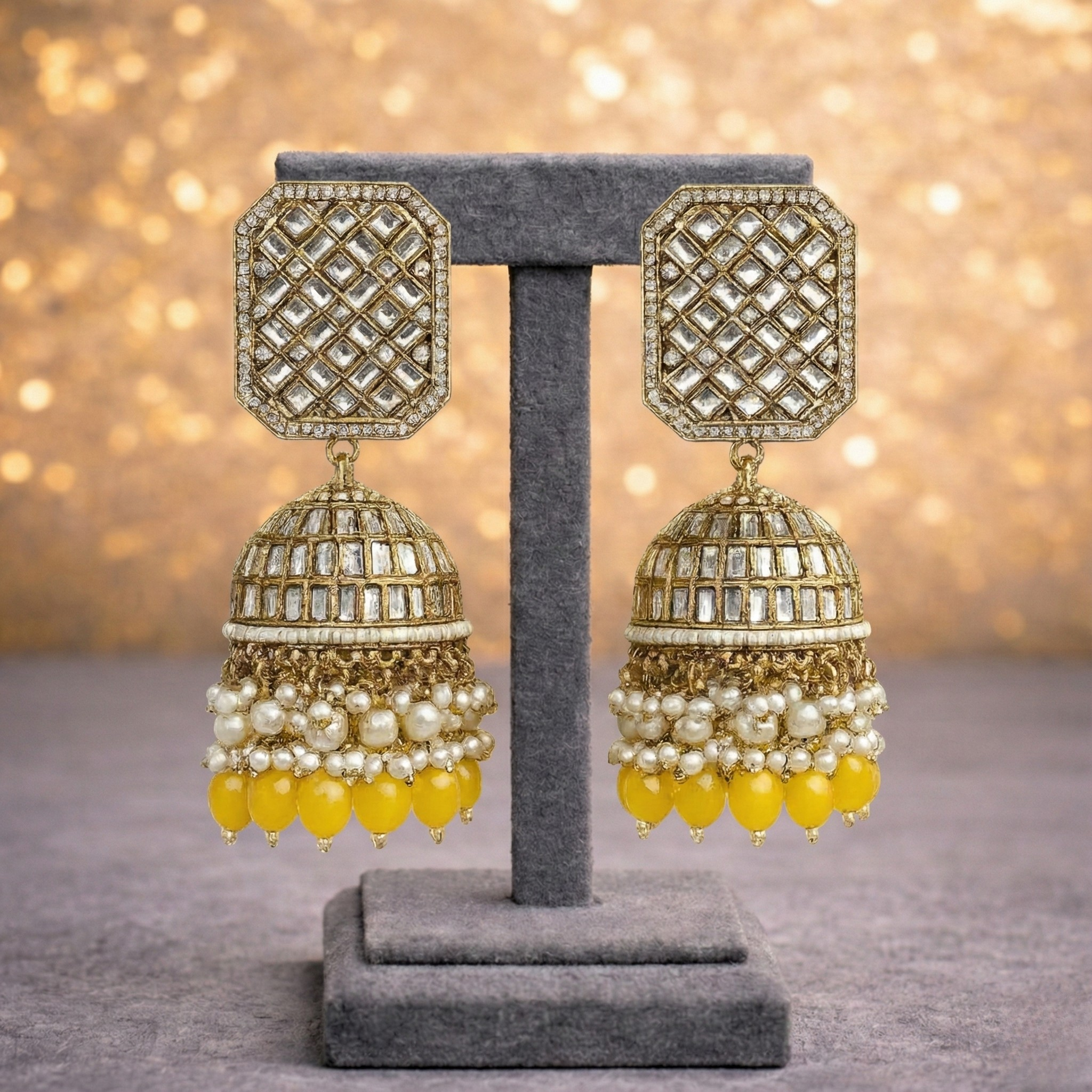 Geometric Jhumka Earrings with Crystal Work & Pearl Fringe