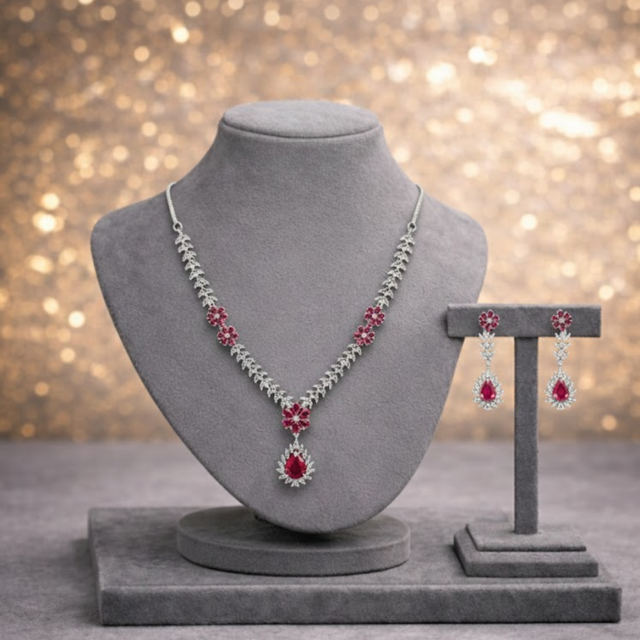 Leaf Motif Crystal Necklace & Earring Set