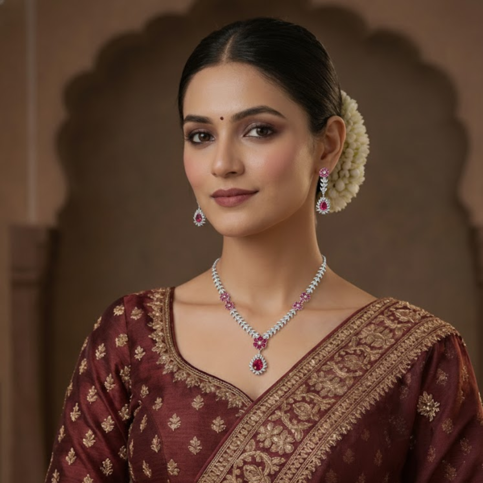 Leaf Motif Crystal Necklace & Earring Set