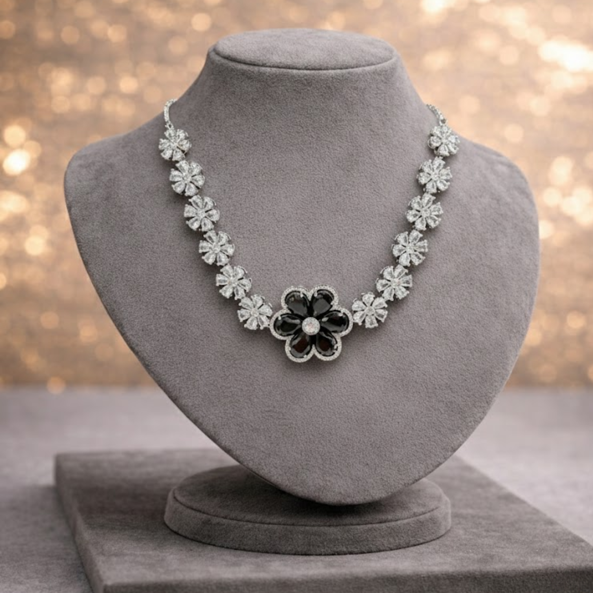 Black & White Floral American Diamond Necklace & Earring Set