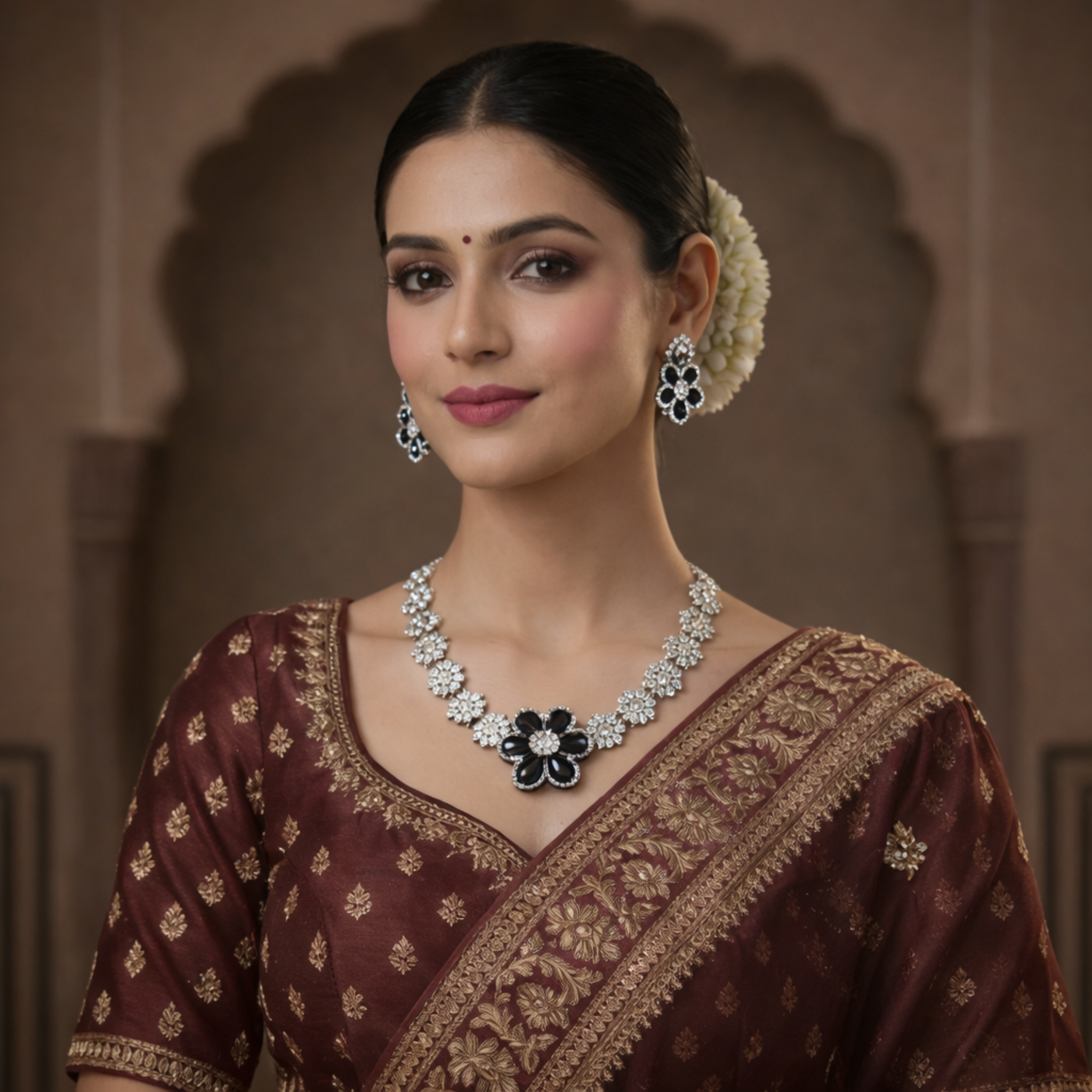 Black & White Floral American Diamond Necklace & Earring Set