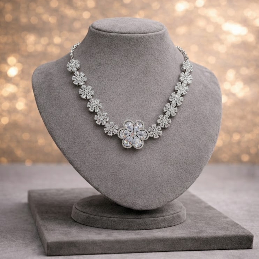 Black & White Floral American Diamond Necklace & Earring Set