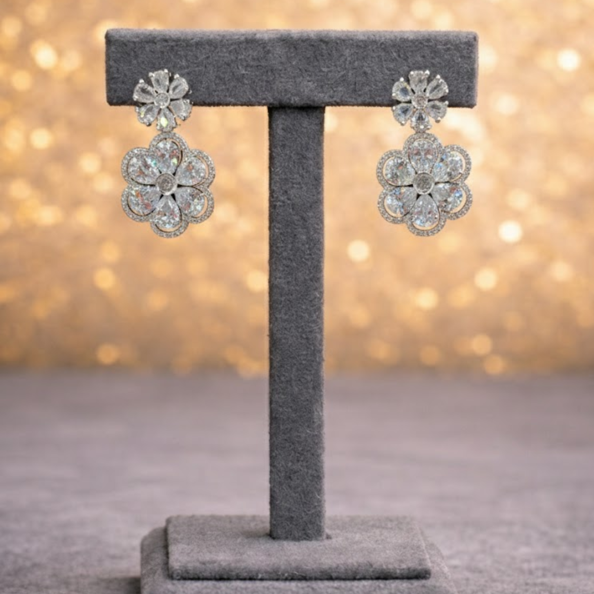 Black & White Floral American Diamond Necklace & Earring Set