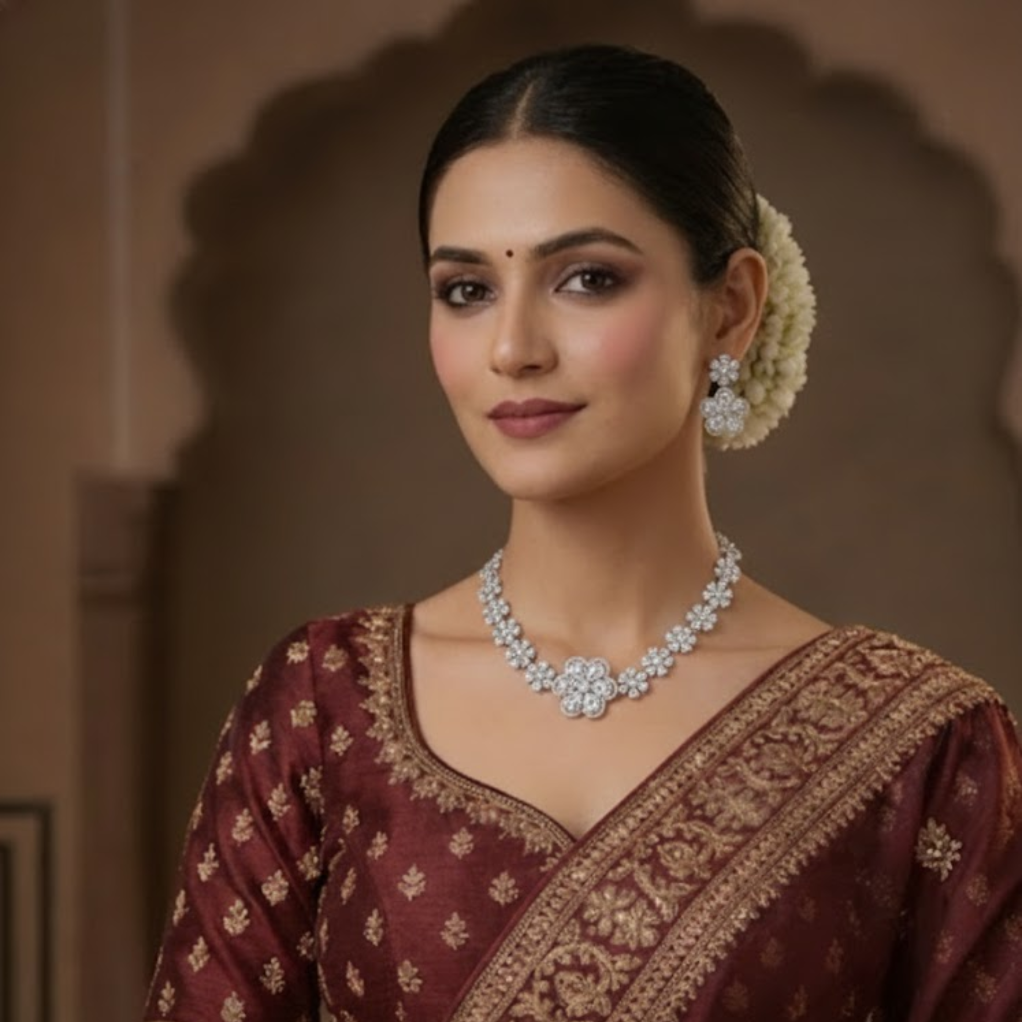 Black & White Floral American Diamond Necklace & Earring Set