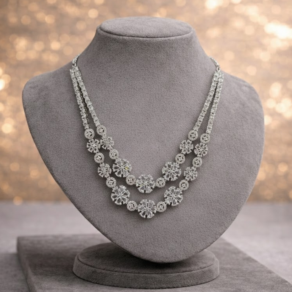 Floral American Diamond Double-Layer Necklace & Earring Set