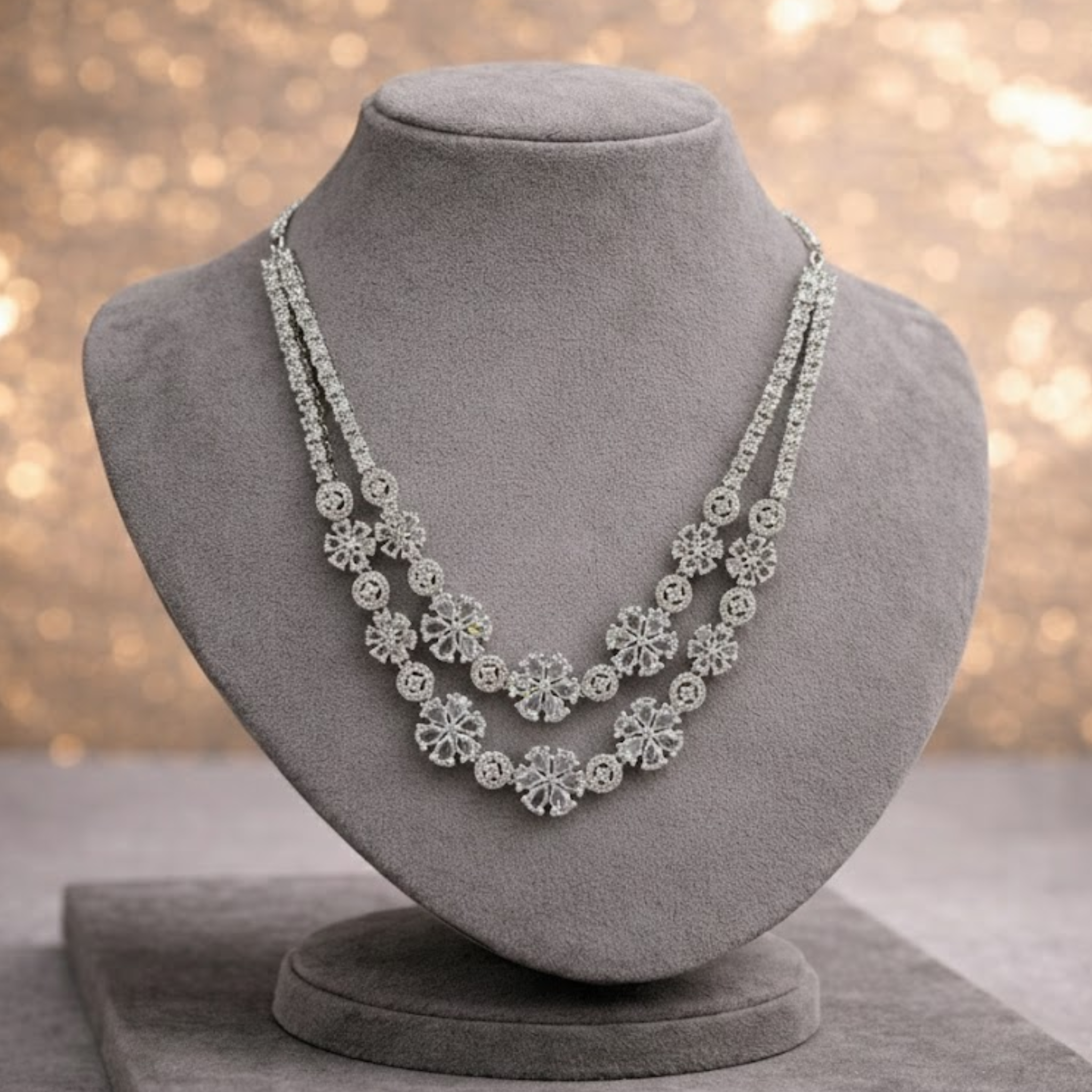 Floral American Diamond Double-Layer Necklace & Earring Set