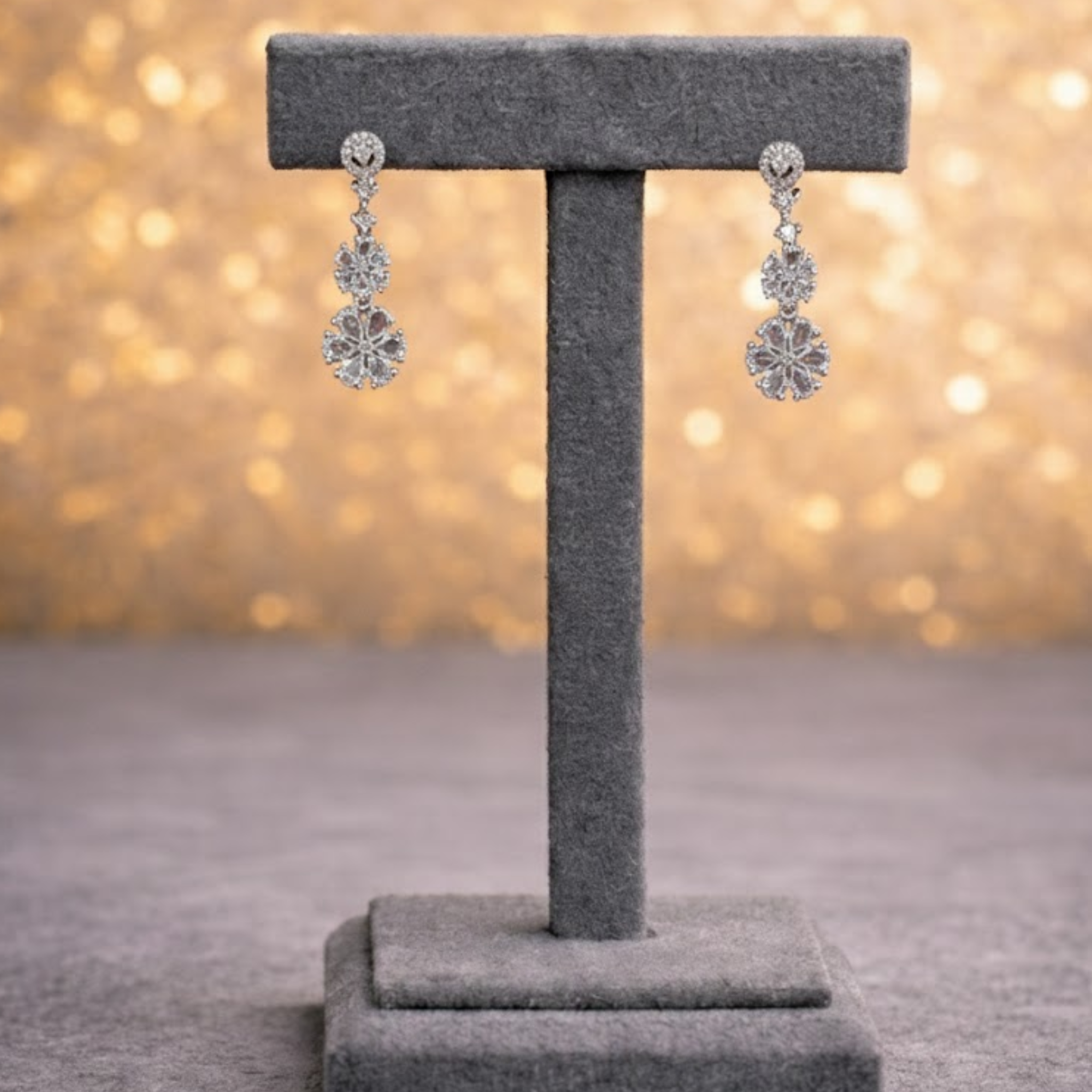 Floral American Diamond Double-Layer Necklace & Earring Set