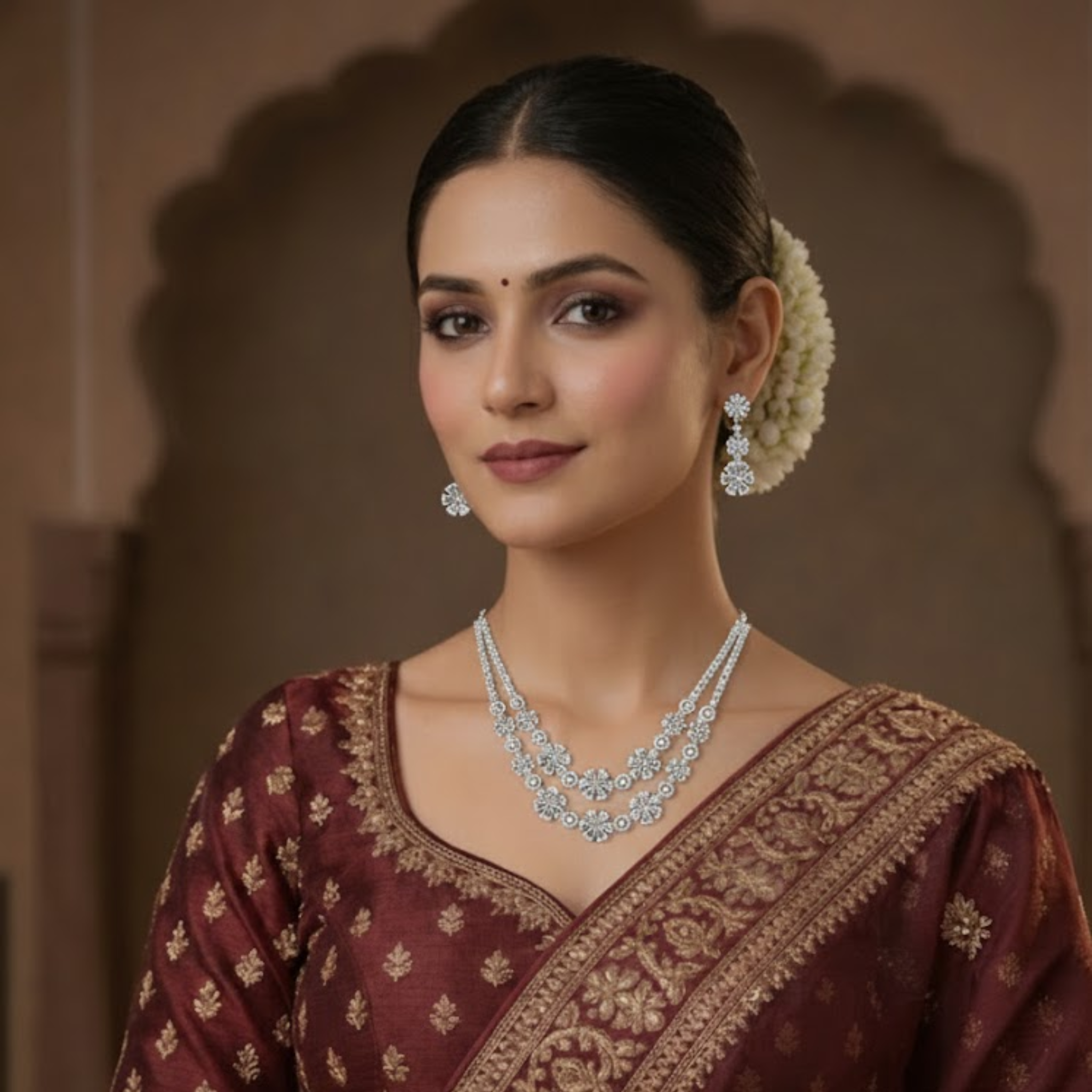 Floral American Diamond Double-Layer Necklace & Earring Set