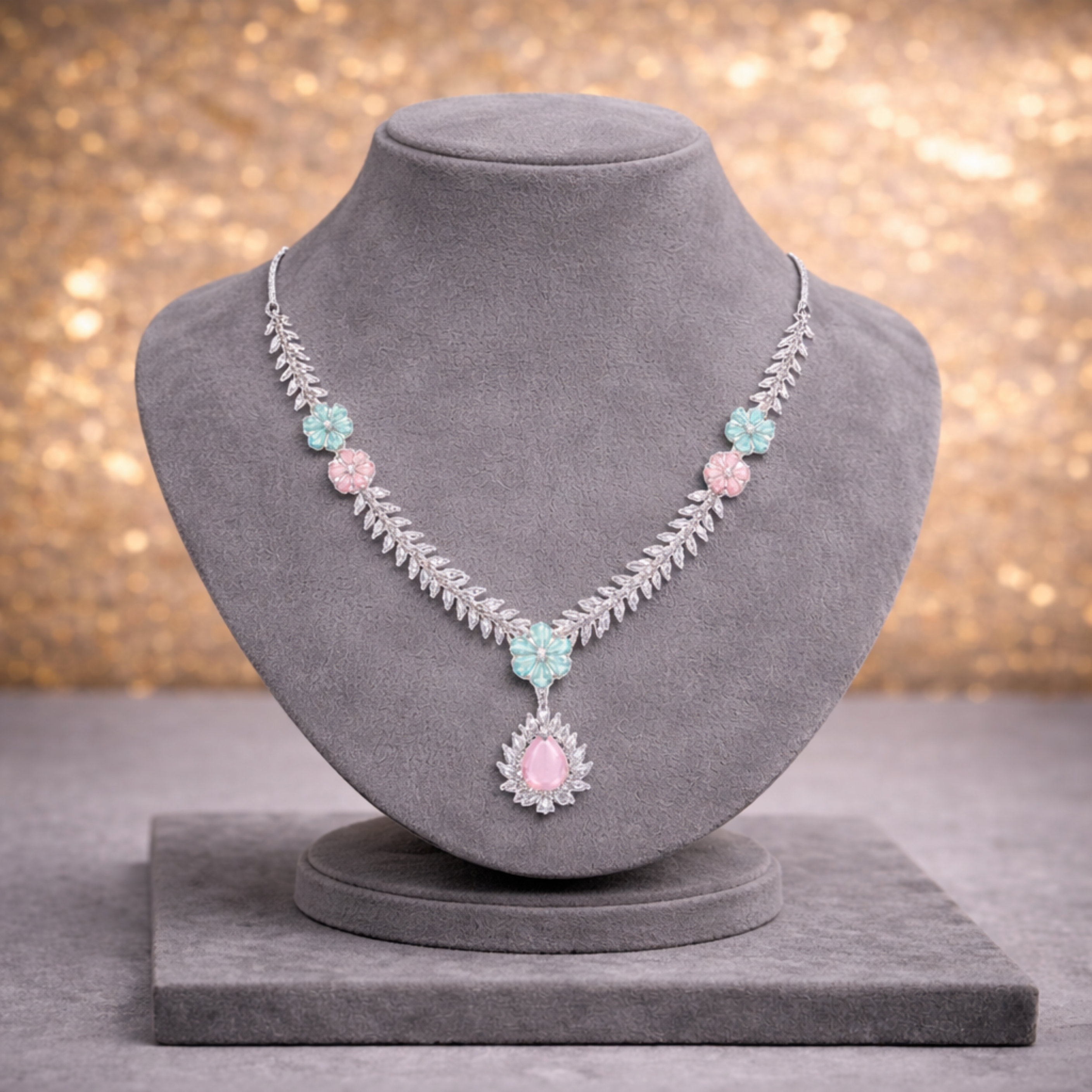 Mint Green & Blush Pink American Diamond Floral Necklace Set