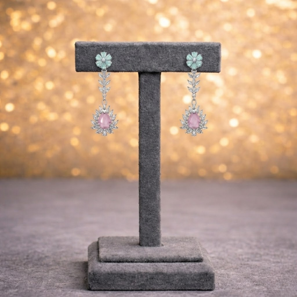 Mint Green & Blush Pink American Diamond Floral Necklace Set