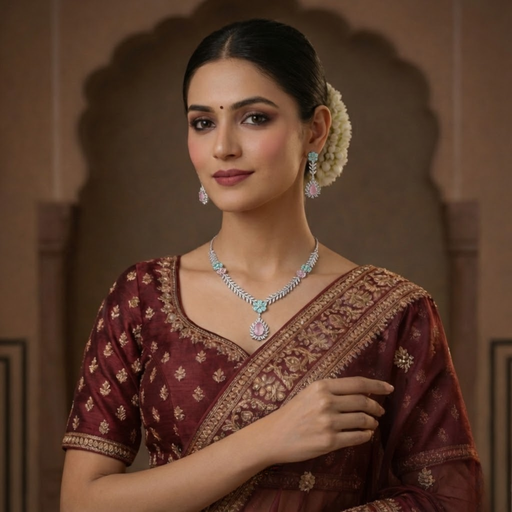 Mint Green & Blush Pink American Diamond Floral Necklace Set