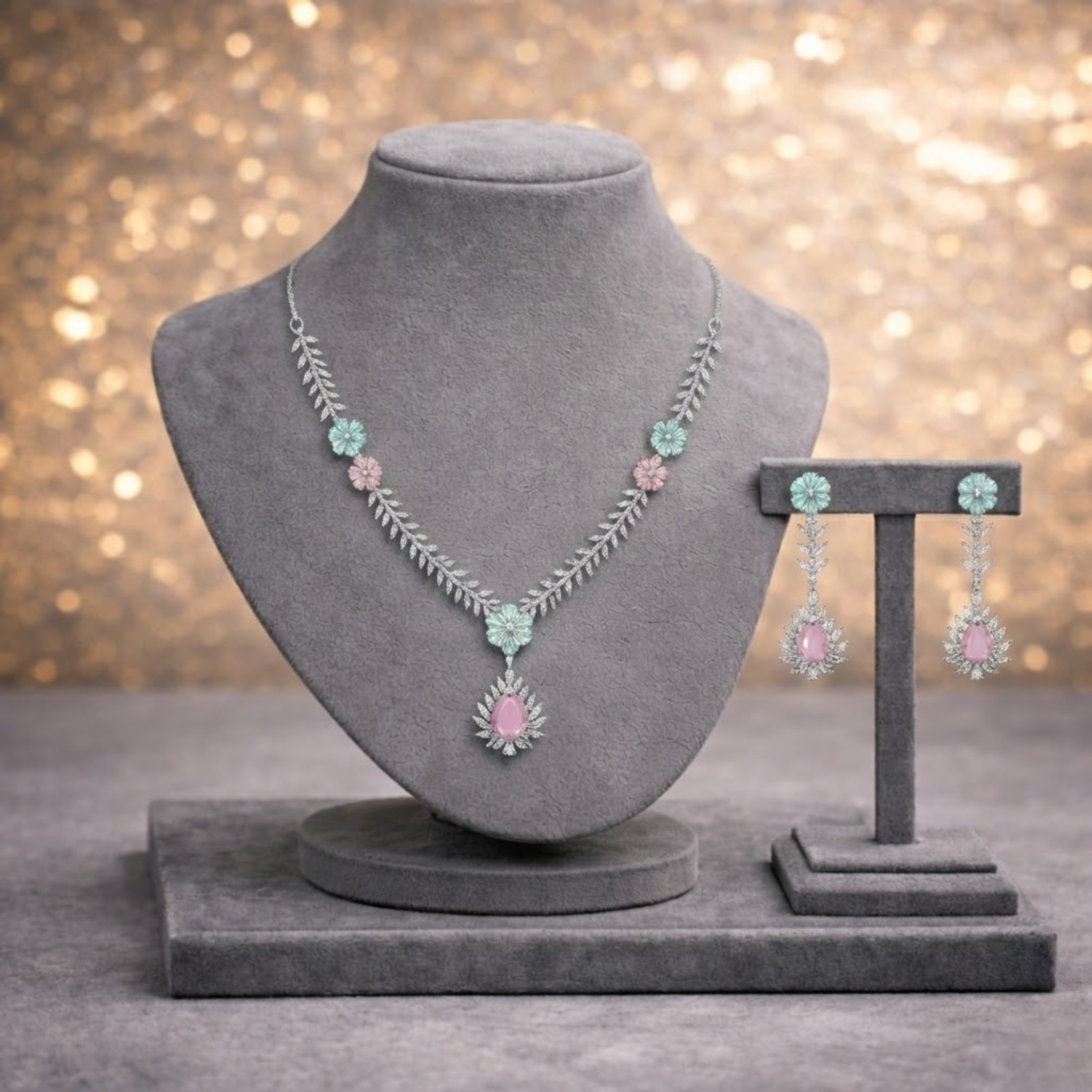Mint Green & Blush Pink American Diamond Floral Necklace Set