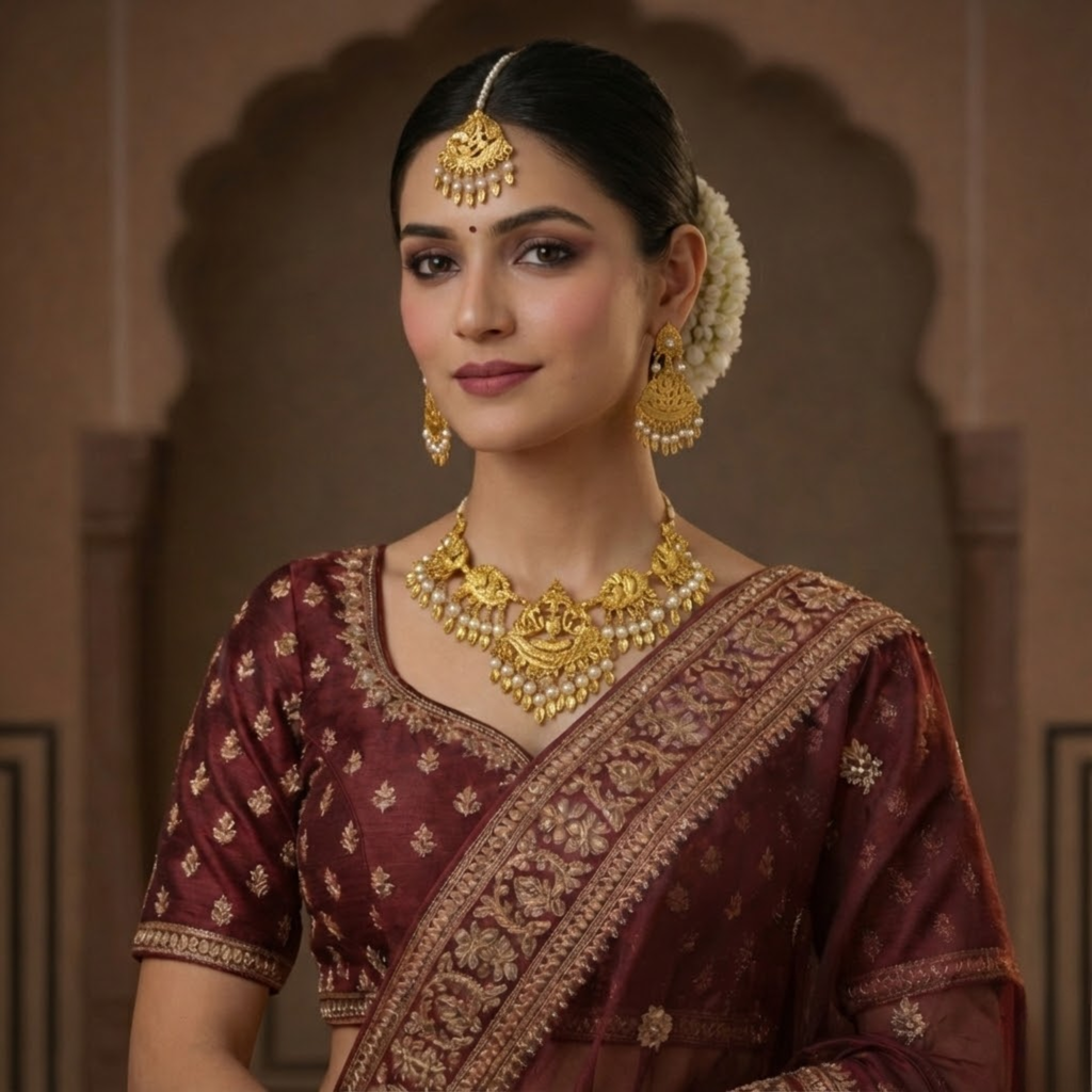 Traditional Temple-Inspired Gold-Plated Pearl Choker Set