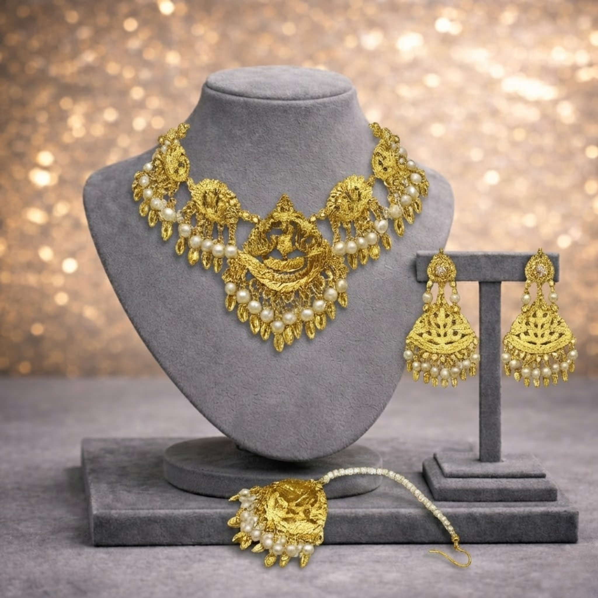 Traditional Temple-Inspired Gold-Plated Pearl Choker Set