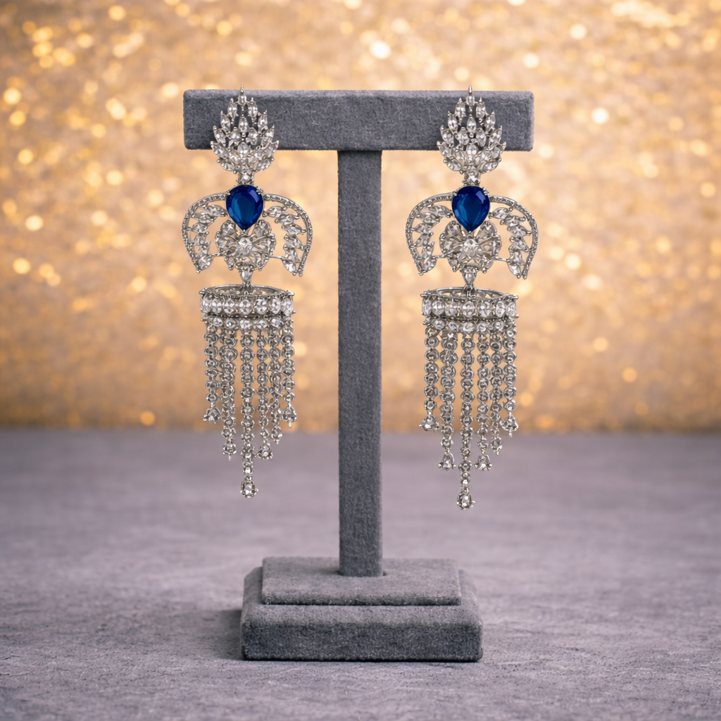 Regal Blue CZ Fusion Jhumka Waterfall Earrings