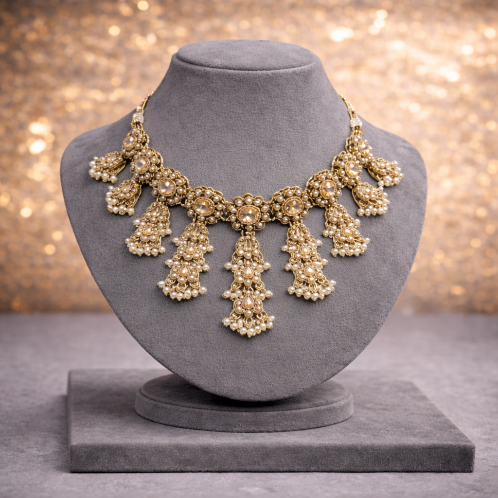 Royal Kundan Polki Bridal Choker Set with Pearl Detailing