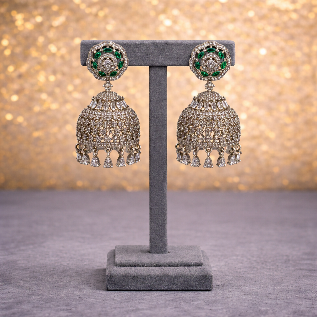 Emerald Halo Silver Jhumka Statement Earrings