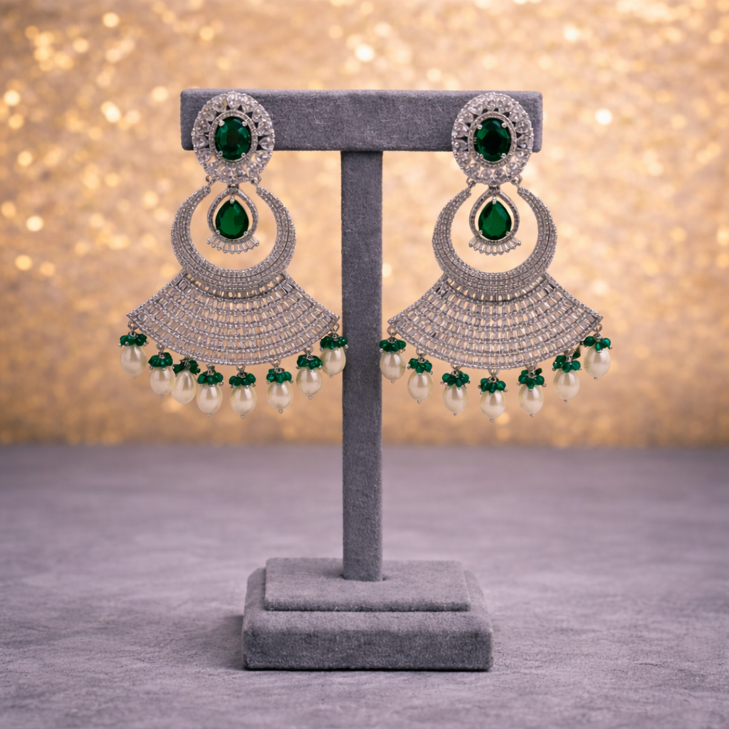 Grand Emerald CZ Chandbali Statement Earrings