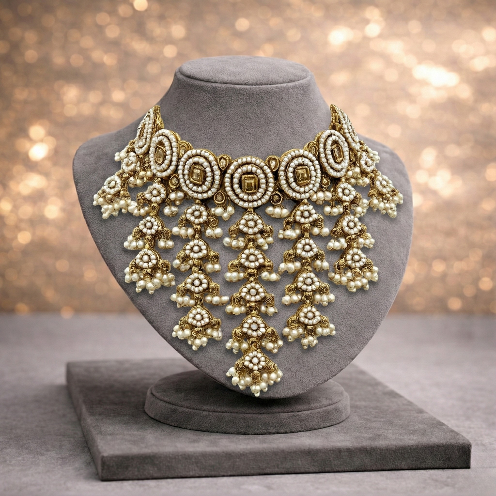 Handcrafted Kundan Bridal Choker Set with Pearl Fringe & Maang Tikka