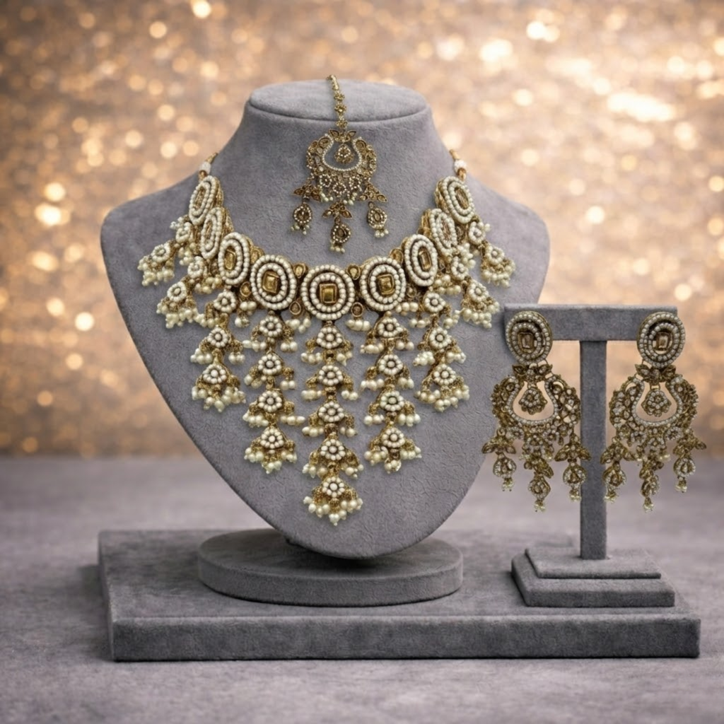 Handcrafted Kundan Bridal Choker Set with Pearl Fringe & Maang Tikka