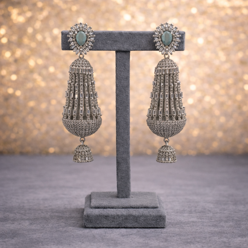 Mint Radiance CZ Architectural Jhumka Earrings