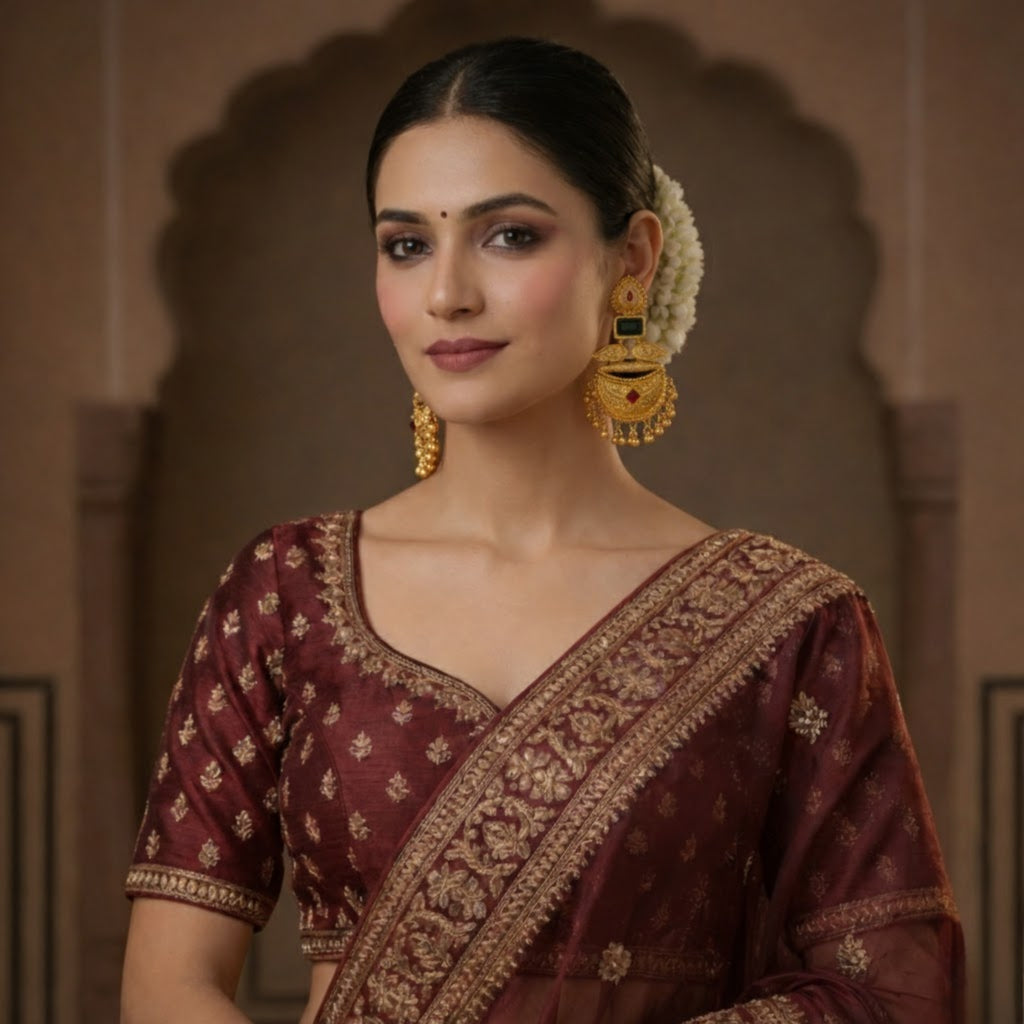 Antique Matte Gold Chand Peacock Earrings with Emerald & Ruby Stones