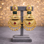 Antique Matte Gold Chand Peacock Earrings with Emerald & Ruby Stones