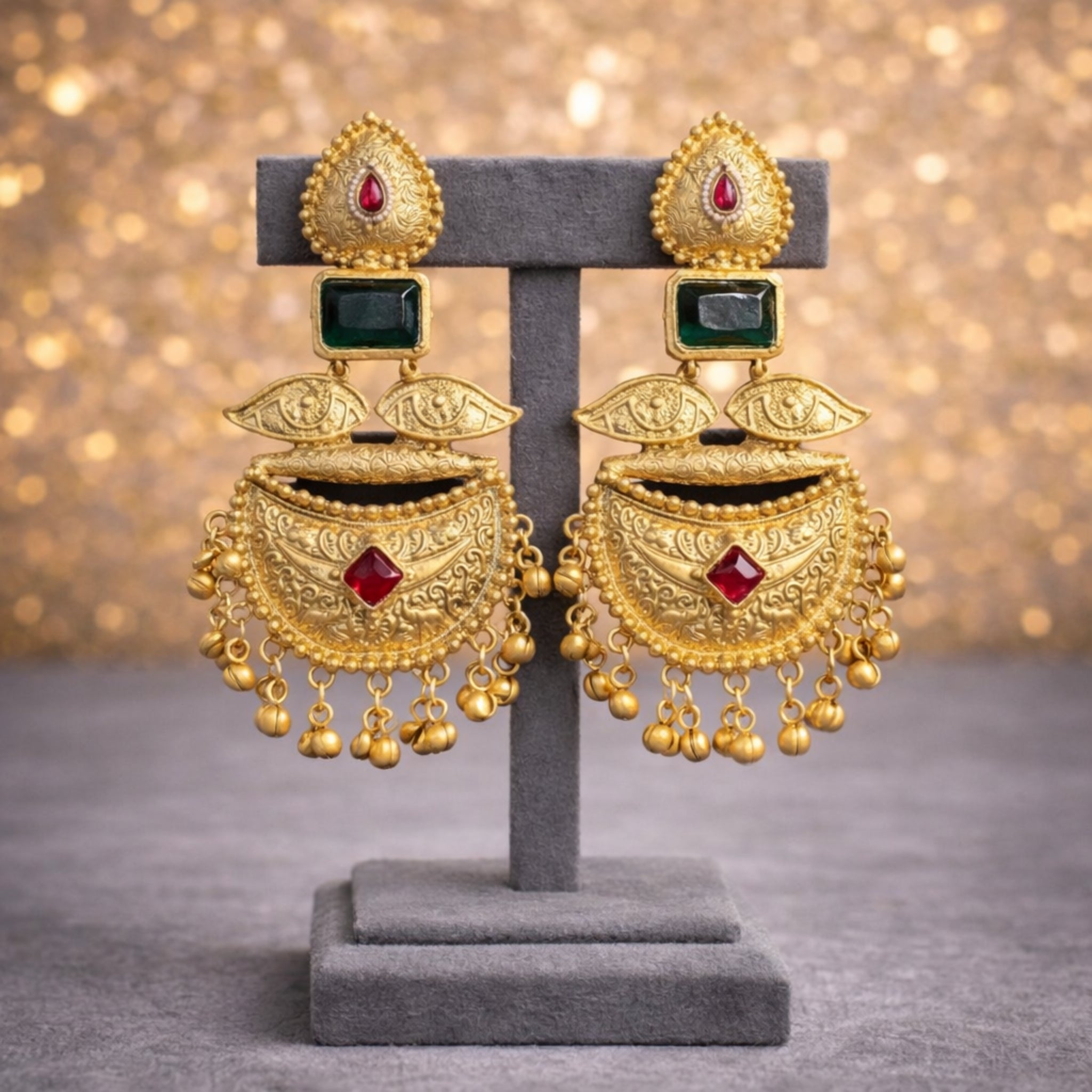 Antique Matte Gold Chand Peacock Earrings with Emerald & Ruby Stones