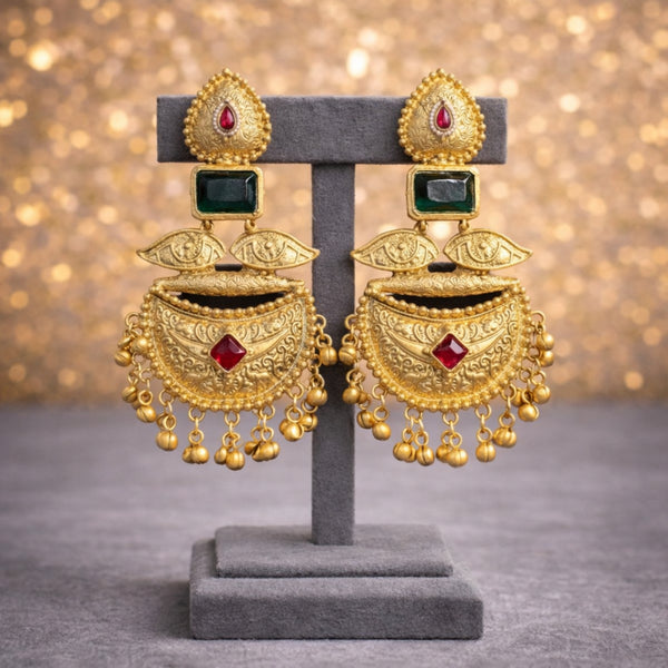 Antique Matte Gold Chand Peacock Earrings with Emerald & Ruby Stones