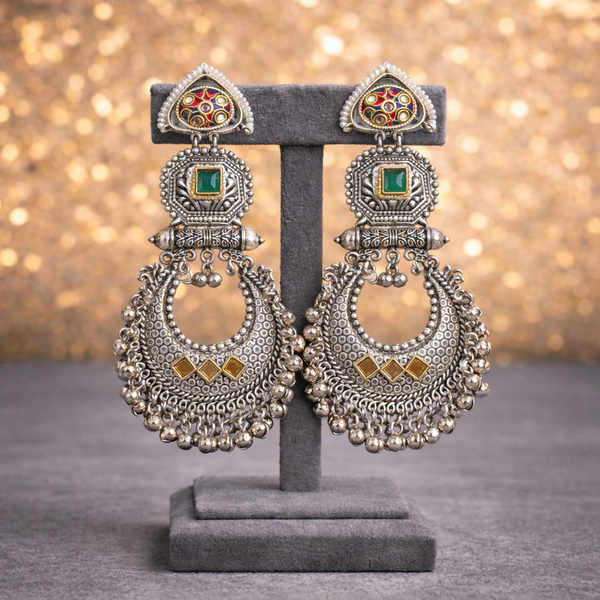 Oxidized Silver Meenakari Chand Earrings with Pearl & Emerald Stone