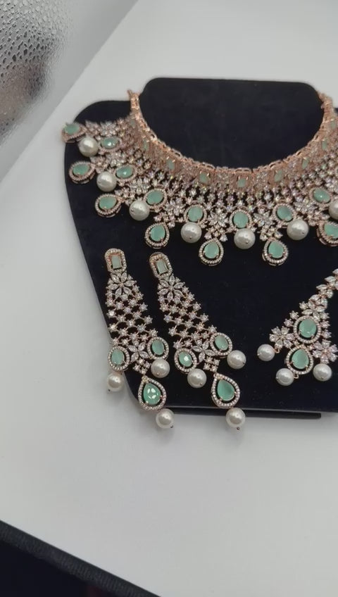 Mint Rose Gold Cocktail Necklace Set with Earrings & Tikka