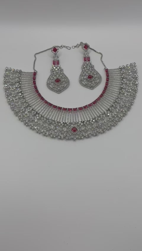 Rani Pink American Diamond Necklace Set with Earrings