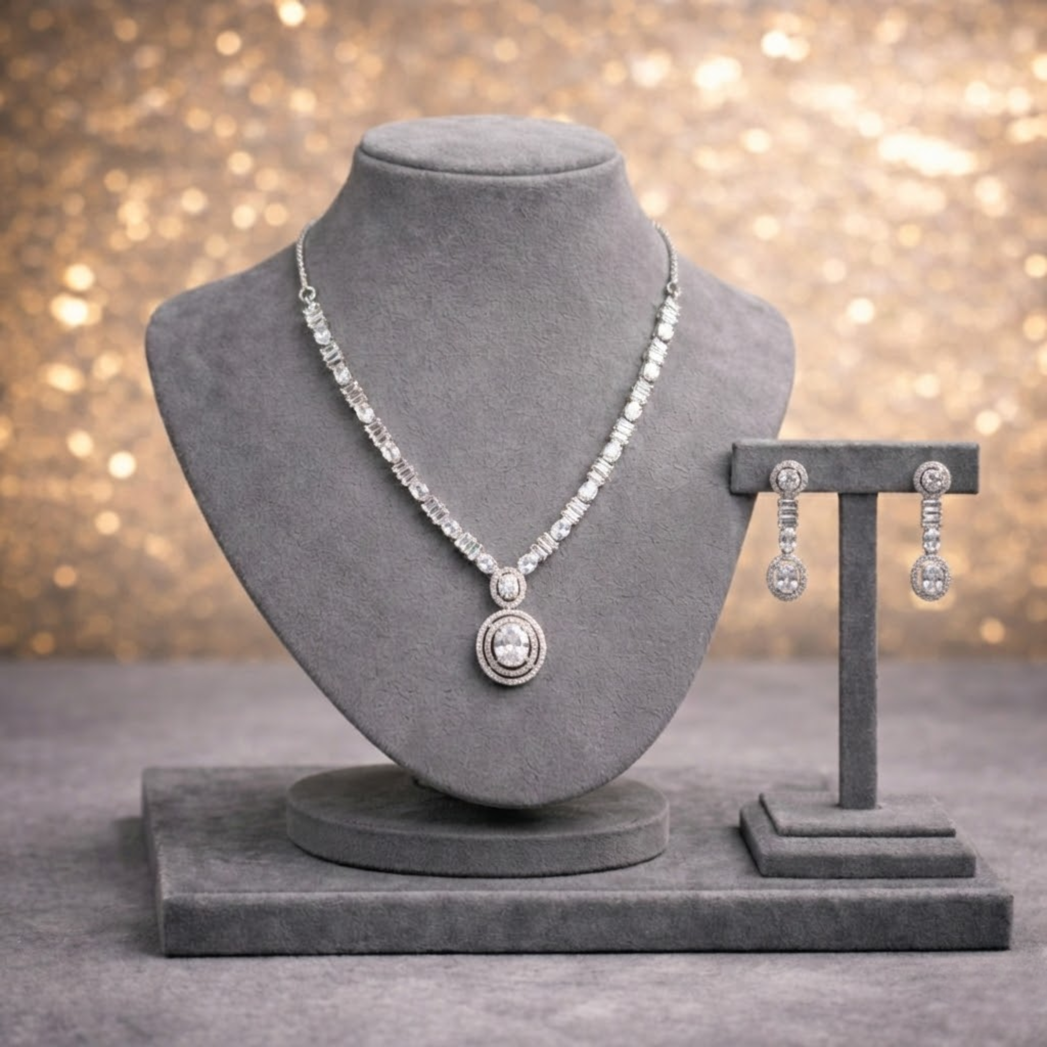 Classic Halo CZ Necklace & Drop Earring Set