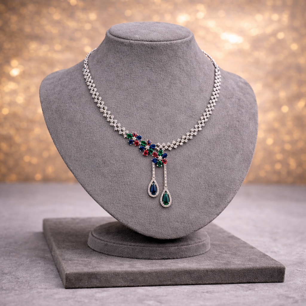 Floral Lattice CZ Necklace & Drop Earring Set