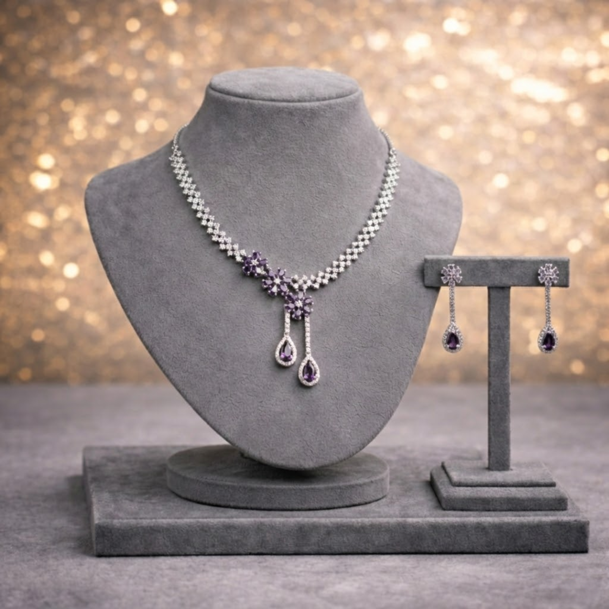 Floral Lattice CZ Necklace & Drop Earring Set