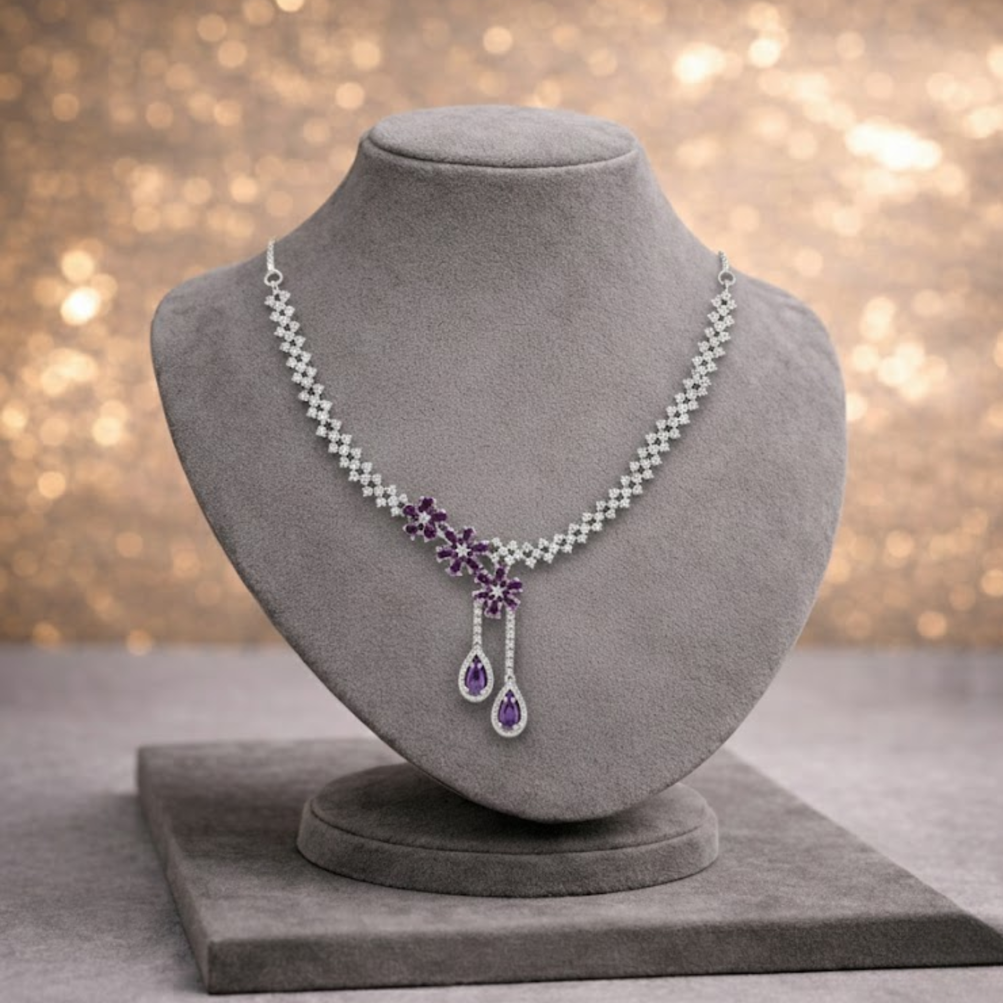 Floral Lattice CZ Necklace & Drop Earring Set