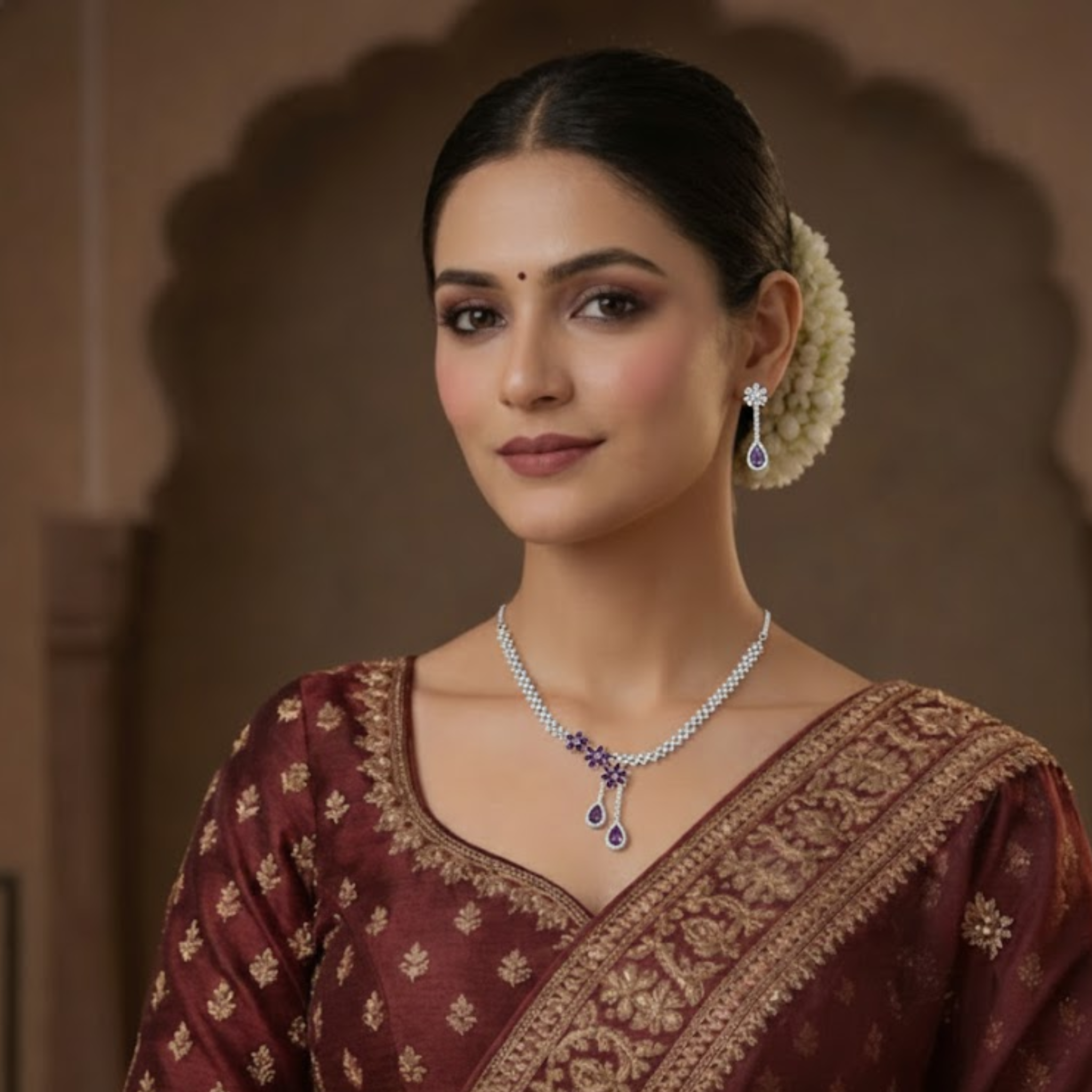 Floral Lattice CZ Necklace & Drop Earring Set